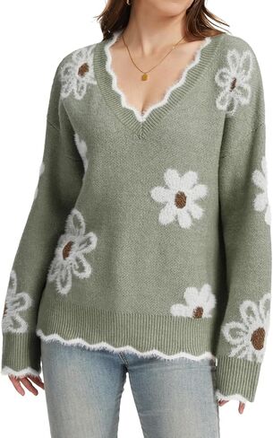 V Neck Floral Sweaters for Women, Oversized Long Sleeve Flower Sweater Fall Winter Fuzzy Pullover in Kuwait
