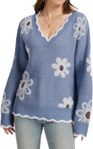 V Neck Floral Sweaters for Women, Oversized Long Sleeve Flower Sweater Fall Winter Fuzzy Pullover in Kuwait