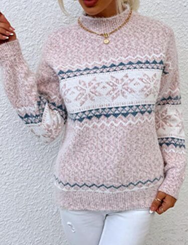 المرأة عيد الميلاد ندفة الثلج نمط متماسكة سترة صوفية طويلة الأكمام البلوزات in Kuwait