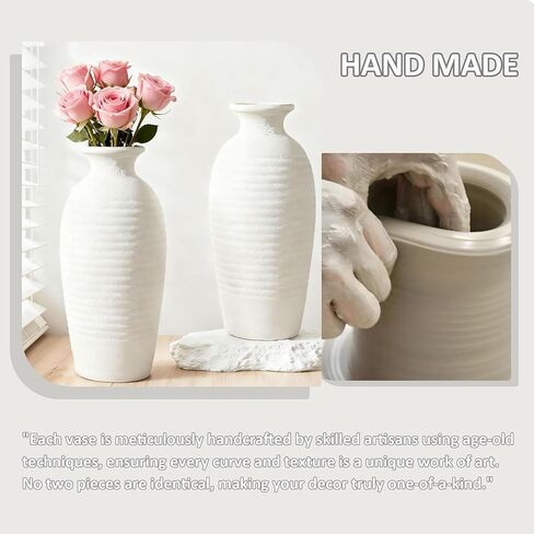 Ceramic Farmhouse Vase, 14.4 Inch Large Handmade Rustic Flower Vase, Waterproof Tall Vase for Pampas Grass & Home Decor, Ideal for Living Room, Shelf, Wedding & Housewarming Gift in Off-White in Saudi Arabia
