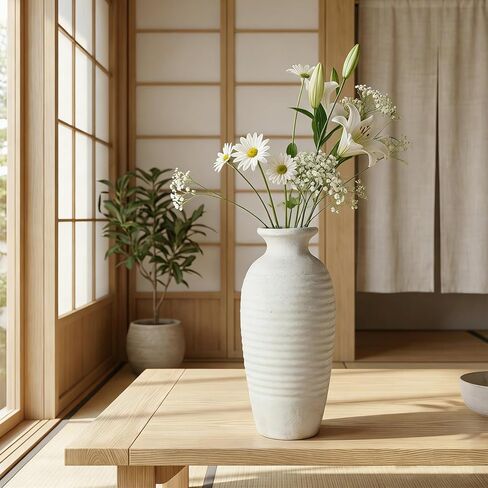 Ceramic Farmhouse Vase, 14.4 Inch Large Handmade Rustic Flower Vase, Waterproof Tall Vase for Pampas Grass & Home Decor, Ideal for Living Room, Shelf, Wedding & Housewarming Gift in Off-White in Saudi Arabia