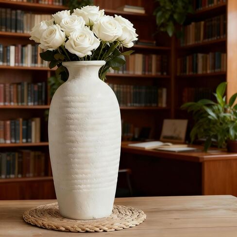 Ceramic Farmhouse Vase, 14.4 Inch Large Handmade Rustic Flower Vase, Waterproof Tall Vase for Pampas Grass & Home Decor, Ideal for Living Room, Shelf, Wedding & Housewarming Gift in Off-White in Saudi Arabia