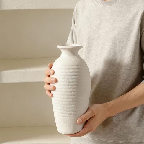 Ceramic Farmhouse Vase, 14.4 Inch Large Handmade Rustic Flower Vase, Waterproof Tall Vase for Pampas Grass & Home Decor, Ideal for Living Room, Shelf, Wedding & Housewarming Gift in Off-White in Saudi Arabia