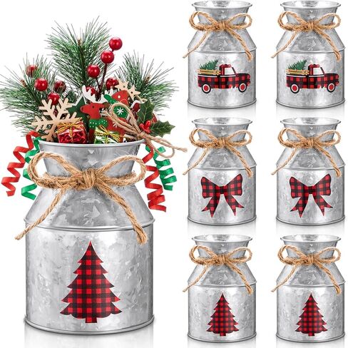 Domensi 3 Pcs Christmas Flower Vases for Table Centerpieces Bulk 5.12 Inch Rustic Metal Galvanized Flower Buckets with Bow Farmhouse Buffalo Plaid Xmas Milk Can Jug for Kitchen Dining Table Decor in Saudi Arabia