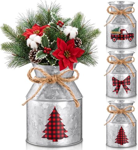 Domensi 3 Pcs Christmas Flower Vases for Table Centerpieces Bulk 5.12 Inch Rustic Metal Galvanized Flower Buckets with Bow Farmhouse Buffalo Plaid Xmas Milk Can Jug for Kitchen Dining Table Decor in Saudi Arabia