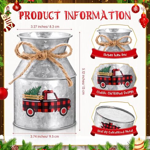 Domensi 3 Pcs Christmas Flower Vases for Table Centerpieces Bulk 5.12 Inch Rustic Metal Galvanized Flower Buckets with Bow Farmhouse Buffalo Plaid Xmas Milk Can Jug for Kitchen Dining Table Decor in Saudi Arabia