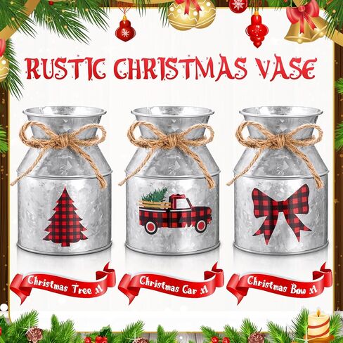 Domensi 3 Pcs Christmas Flower Vases for Table Centerpieces Bulk 5.12 Inch Rustic Metal Galvanized Flower Buckets with Bow Farmhouse Buffalo Plaid Xmas Milk Can Jug for Kitchen Dining Table Decor in Saudi Arabia