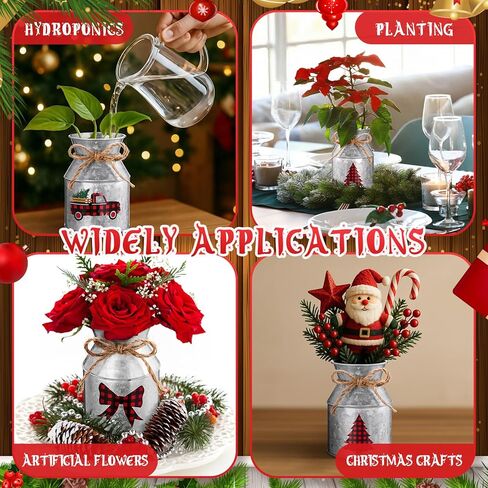 Domensi 3 Pcs Christmas Flower Vases for Table Centerpieces Bulk 5.12 Inch Rustic Metal Galvanized Flower Buckets with Bow Farmhouse Buffalo Plaid Xmas Milk Can Jug for Kitchen Dining Table Decor in Saudi Arabia