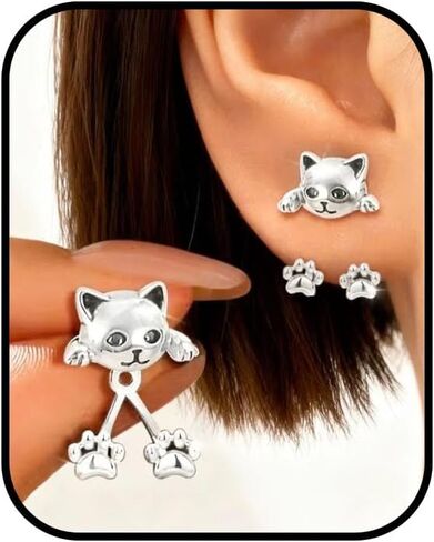 Cute Funny Kitten Cat Earrings for Women Weird Silver Studs Earring Modern Dainty Compact Unique Design Animal Earrings Jewelry Gifts for Women in Saudi Arabia