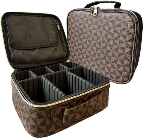WANNES Brown Checkered Makeup Bag Organizer Travel Cosmetic Case with Brush Storage | Large Capacity Makeup & Skin Care Organizer with Adjustable Dividers | Stylish PU Leather Designer Vanity Bag in Saudi Arabia