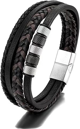 JSNOM Mens Leather Bracelet Gifts: Handmade Braided Genuine Leather Bracelet for Christmas Father's Day Birthday, Cuff Wristbands Black Bracelets Gifts for Men in Saudi Arabia