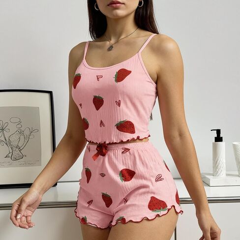 Lounge Set for Women 2 Piece Pajama Sets Camisole Tops and Elastic Waist Shorts Pj Ribbed Ruffles Sleepwear in Saudi Arabia
