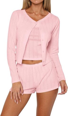 REVETRO Women's 3 Piece Lounge Sets Cute Button Down Pajama Sets Spring Outfits Workout Set Y2K Sexy Pajamas in Saudi Arabia