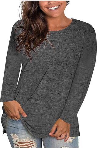 Plus Size Long Sleeve Tops for Women Crew Neck Oversized T Shirts Solid Color Loose Fit Comfy Basic Fall Blouses in Saudi Arabia