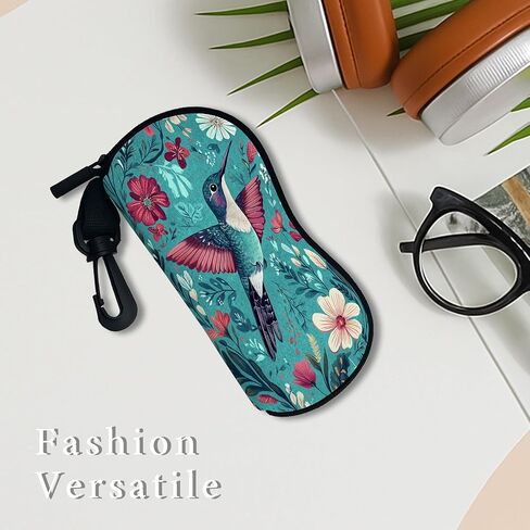 Hummingbird Soft Glasses Case, Vibrant Floral Design Neoprene Sunglasses Holder With Zipper Clip, Portable Travel Eyewear S in Saudi Arabia
