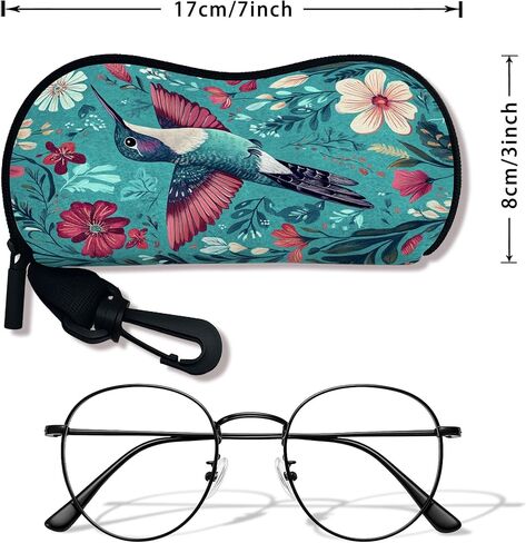 Hummingbird Soft Glasses Case, Vibrant Floral Design Neoprene Sunglasses Holder With Zipper Clip, Portable Travel Eyewear S in Saudi Arabia