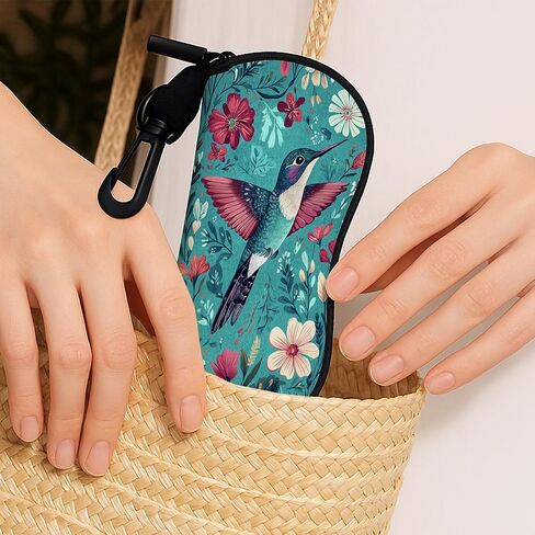 Hummingbird Soft Glasses Case, Vibrant Floral Design Neoprene Sunglasses Holder With Zipper Clip, Portable Travel Eyewear S in Saudi Arabia