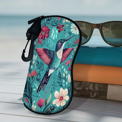 Hummingbird Soft Glasses Case, Vibrant Floral Design Neoprene Sunglasses Holder With Zipper Clip, Portable Travel Eyewear S in Saudi Arabia