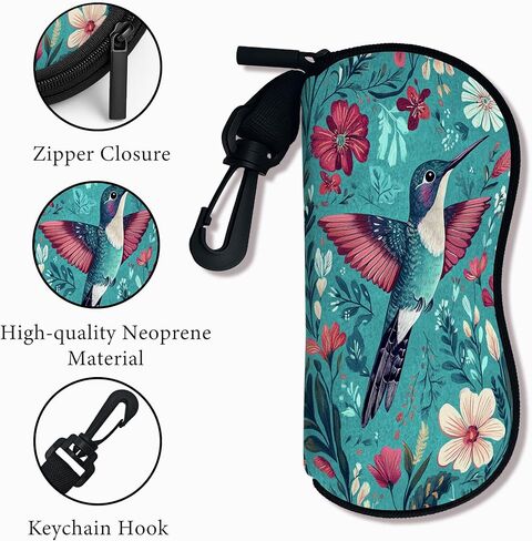 Hummingbird Soft Glasses Case, Vibrant Floral Design Neoprene Sunglasses Holder With Zipper Clip, Portable Travel Eyewear S in Saudi Arabia