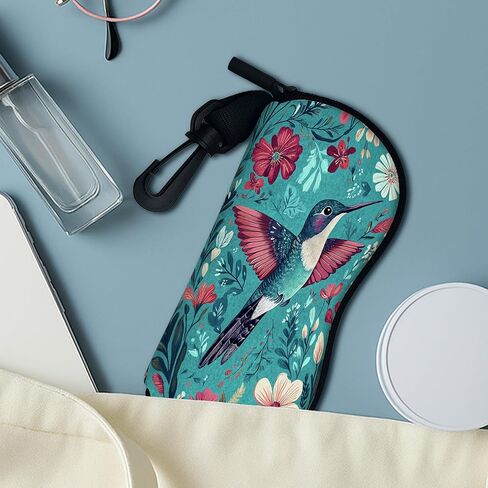Hummingbird Soft Glasses Case, Vibrant Floral Design Neoprene Sunglasses Holder With Zipper Clip, Portable Travel Eyewear S in Saudi Arabia