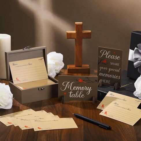 Gilprop 112 Pcs Celebration of Life Memory Cards Set Share a Memory Cards with Box 2 Wood Sign with 4 Hold and 5 Pens, Sympathy Memorial Gifts Funeral Keepsake Decorations(Cardinal) in Saudi Arabia