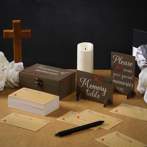 Gilprop 112 Pcs Celebration of Life Memory Cards Set Share a Memory Cards with Box 2 Wood Sign with 4 Hold and 5 Pens, Sympathy Memorial Gifts Funeral Keepsake Decorations(Cardinal) in Saudi Arabia