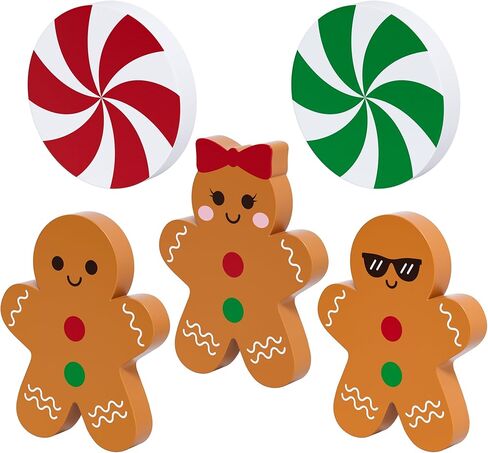 زينة عيد الميلاد الزنجبيل، ديكور صينية متدرجة، 5 قطع حلوى الزنجبيل علامات خشبية ديكور الطاولة للمنزل والمكتب والمطبخ in Kuwait