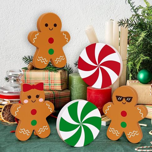زينة عيد الميلاد الزنجبيل، ديكور صينية متدرجة، 5 قطع حلوى الزنجبيل علامات خشبية ديكور الطاولة للمنزل والمكتب والمطبخ in Kuwait