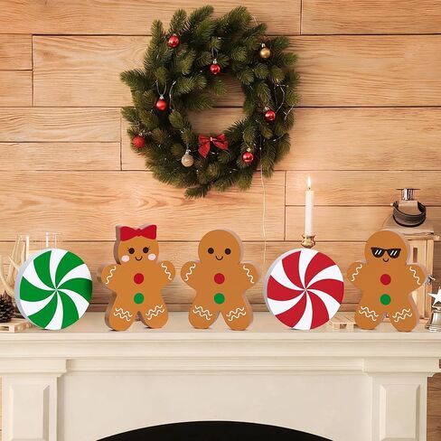 زينة عيد الميلاد الزنجبيل، ديكور صينية متدرجة، 5 قطع حلوى الزنجبيل علامات خشبية ديكور الطاولة للمنزل والمكتب والمطبخ in Kuwait