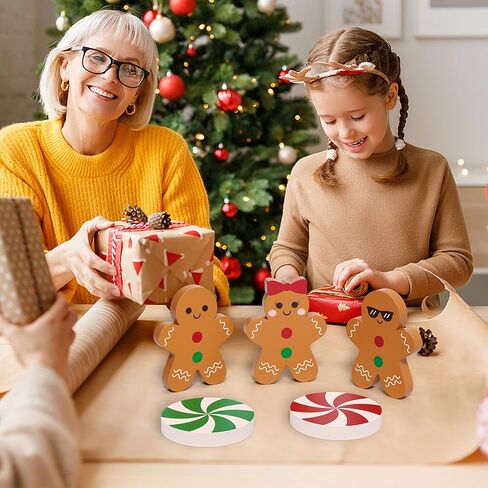 زينة عيد الميلاد الزنجبيل، ديكور صينية متدرجة، 5 قطع حلوى الزنجبيل علامات خشبية ديكور الطاولة للمنزل والمكتب والمطبخ in Kuwait