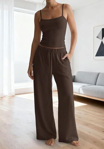 TDCoool Women's 2 Piece Pajama Lounge Set Summer Matching Lounge Sets Spaghetti Strap Tank Top Comfy Wide Leg Pants Sets in Saudi Arabia