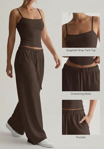 TDCoool Women's 2 Piece Pajama Lounge Set Summer Matching Lounge Sets Spaghetti Strap Tank Top Comfy Wide Leg Pants Sets in Saudi Arabia