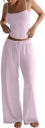 TDCoool Women's 2 Piece Pajama Lounge Set Summer Matching Lounge Sets Spaghetti Strap Tank Top Comfy Wide Leg Pants Sets in Saudi Arabia