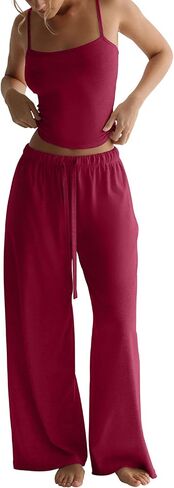 TDCoool Women's 2 Piece Pajama Lounge Set Summer Matching Lounge Sets Spaghetti Strap Tank Top Comfy Wide Leg Pants Sets in Saudi Arabia