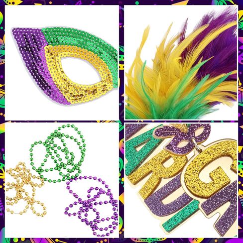 srotmirw 7 قطع ماردي غرا زي ملحق الزي مجموعة، ماردي غرا ريشة عقال غطاء الرأس الترتر قطع زينة الخرز القلائد الملحقات للنساء كرنفال عيد الهالوين صالح الطرف in Kuwait