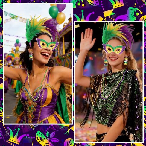 srotmirw 7 قطع ماردي غرا زي ملحق الزي مجموعة، ماردي غرا ريشة عقال غطاء الرأس الترتر قطع زينة الخرز القلائد الملحقات للنساء كرنفال عيد الهالوين صالح الطرف in Kuwait