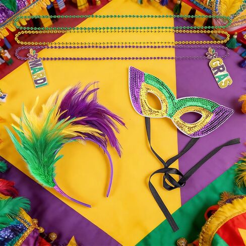 srotmirw 7 قطع ماردي غرا زي ملحق الزي مجموعة، ماردي غرا ريشة عقال غطاء الرأس الترتر قطع زينة الخرز القلائد الملحقات للنساء كرنفال عيد الهالوين صالح الطرف in Kuwait