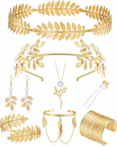 10 Pieces Greek Goddess Costume Accessories Set: Women Laurel Leaf Crown Headpiece Arm Cuff Coil Bracelet Earrings Rings Golden Leaves Bridal Hair Comb for Wedding Halloween Party Toga Costume Accessories in Kuwait