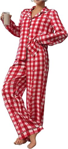 MakeMeChic Women's 2 Piece Pajama Sets Gingham Bow Knot Long Sleeve Button Down Shirt and Pants Set in Saudi Arabia