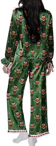 Leyajedol Women Christmas Lounge Pajama Set Satin Long Sleeve Button Down Shirt Pants Set 2 Piece Santa Print Pjs Outfits in Saudi Arabia