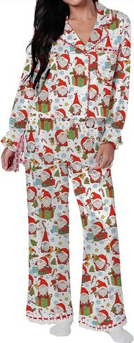 Leyajedol Women Christmas Lounge Pajama Set Satin Long Sleeve Button Down Shirt Pants Set 2 Piece Santa Print Pjs Outfits in Saudi Arabia