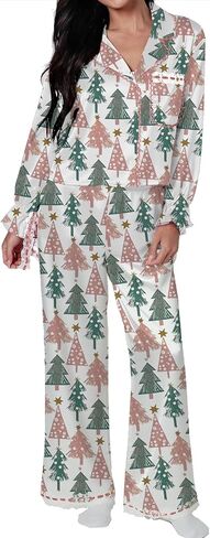 Leyajedol Women Christmas Lounge Pajama Set Satin Long Sleeve Button Down Shirt Pants Set 2 Piece Santa Print Pjs Outfits in Saudi Arabia