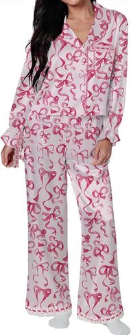 Leyajedol Women Christmas Lounge Pajama Set Satin Long Sleeve Button Down Shirt Pants Set 2 Piece Santa Print Pjs Outfits in Saudi Arabia