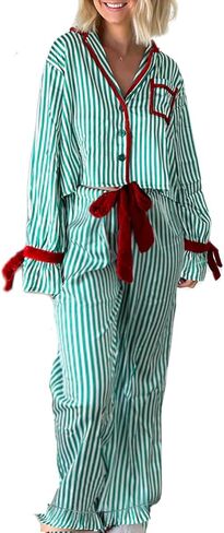 Leyajedol Women Christmas Lounge Pajama Set Satin Long Sleeve Button Down Shirt Pants Set 2 Piece Santa Print Pjs Outfits in Saudi Arabia