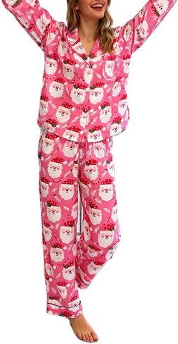 Leyajedol Women Christmas Lounge Pajama Set Satin Long Sleeve Button Down Shirt Pants Set 2 Piece Santa Print Pjs Outfits in Saudi Arabia