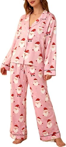 Leyajedol Women Christmas Lounge Pajama Set Satin Long Sleeve Button Down Shirt Pants Set 2 Piece Santa Print Pjs Outfits in Saudi Arabia