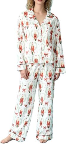 Leyajedol Women Christmas Lounge Pajama Set Satin Long Sleeve Button Down Shirt Pants Set 2 Piece Santa Print Pjs Outfits in Saudi Arabia