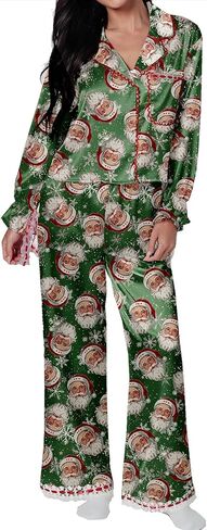 Leyajedol Women Christmas Lounge Pajama Set Satin Long Sleeve Button Down Shirt Pants Set 2 Piece Santa Print Pjs Outfits in Saudi Arabia