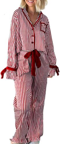 Leyajedol Women Christmas Lounge Pajama Set Satin Long Sleeve Button Down Shirt Pants Set 2 Piece Santa Print Pjs Outfits in Saudi Arabia