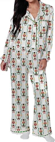 Leyajedol Women Christmas Lounge Pajama Set Satin Long Sleeve Button Down Shirt Pants Set 2 Piece Santa Print Pjs Outfits in Saudi Arabia